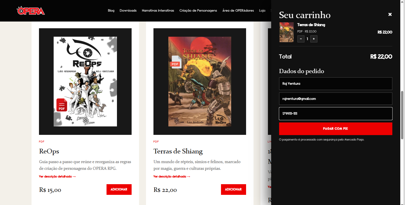 Compra de PDF no site OPERA RPG