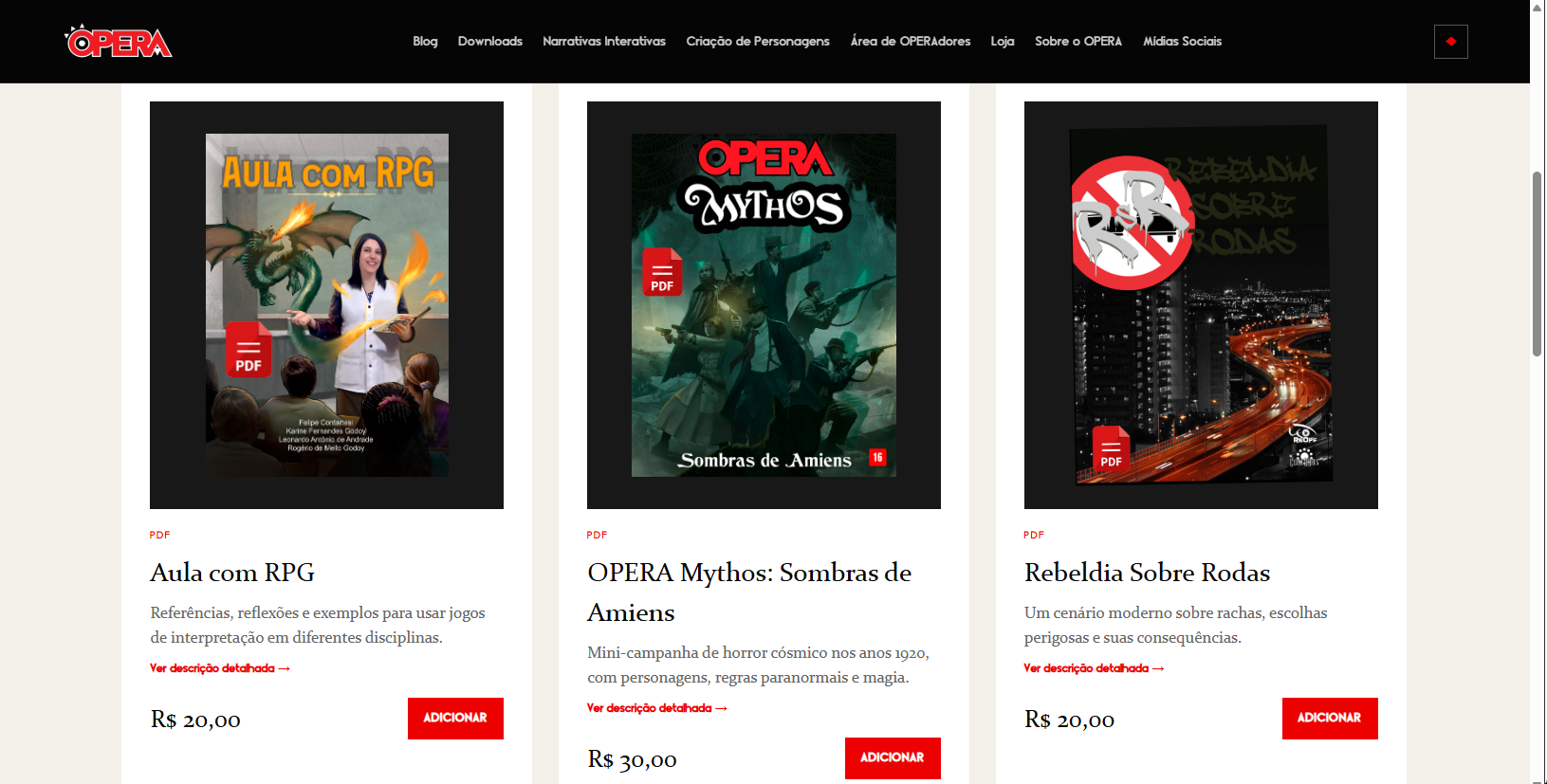 Loja do site do OPERA RPG