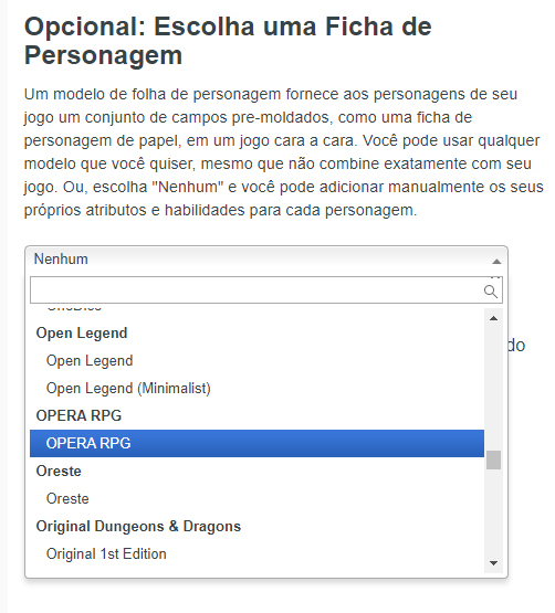 Escolha da ficha do OPERA RPG no Roll20